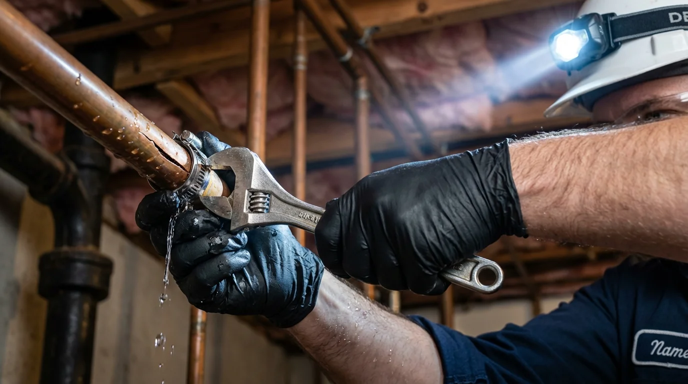 Emergency pipe clamp repair being performed by a Johns Plumbing LLC plumber in Bangor