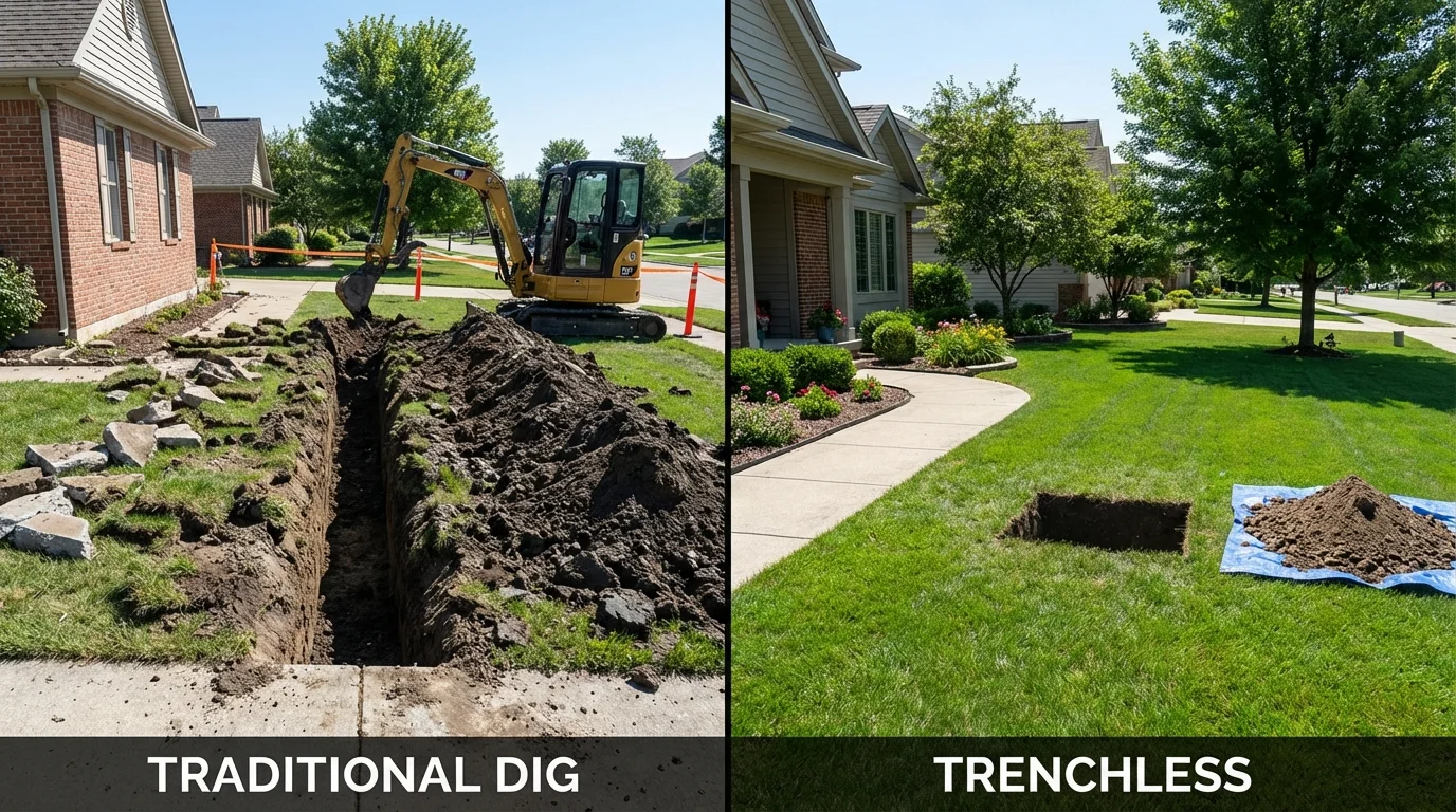 Trenchless sewer repair with minimal yard damage versus traditional excavation in Bangor, MI